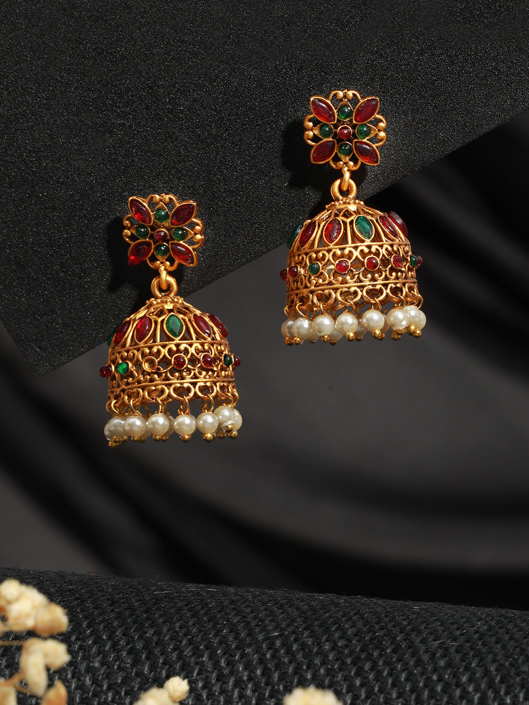 Gold Toned Red & Green Stone Studded Flower Jhumka Earrings